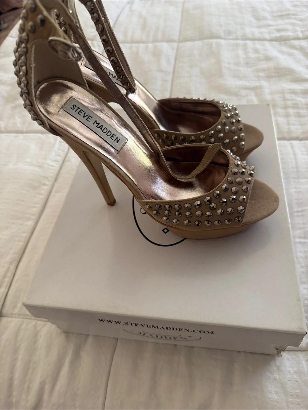 Steve Madden Tan Studded Peep-Toe Platform Heels